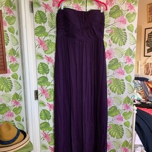 Rouched, strappless purple silk gown